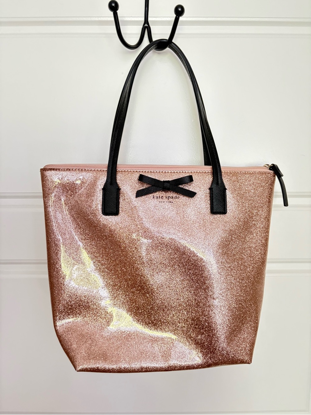 Kate Spade Rose Gold Glitter Tote with Black Handles